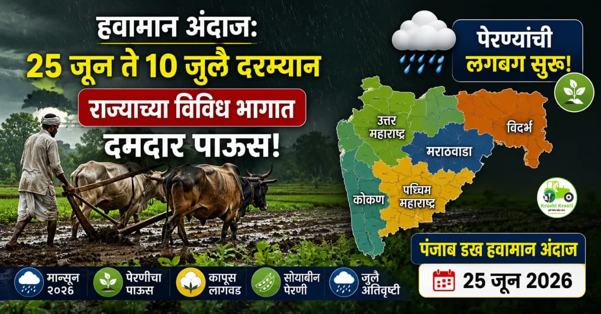 हवामान अंदाज: २५ जून ते १० जुलै दरम्यान राज्याच्या विविध भागात दमदार पाऊस; पेरण्यांची लगबग सुरू!