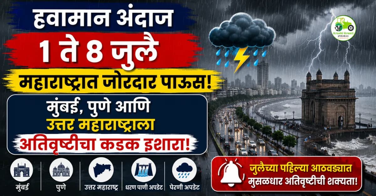 हवामान अंदाज: १ ते ८ जुलै दरम्यान महाराष्ट्रात जोरदार पाऊस; मुंबई, पुणे आणि उत्तर महाराष्ट्राला अतिवृष्टीचा कडक इशारा!
