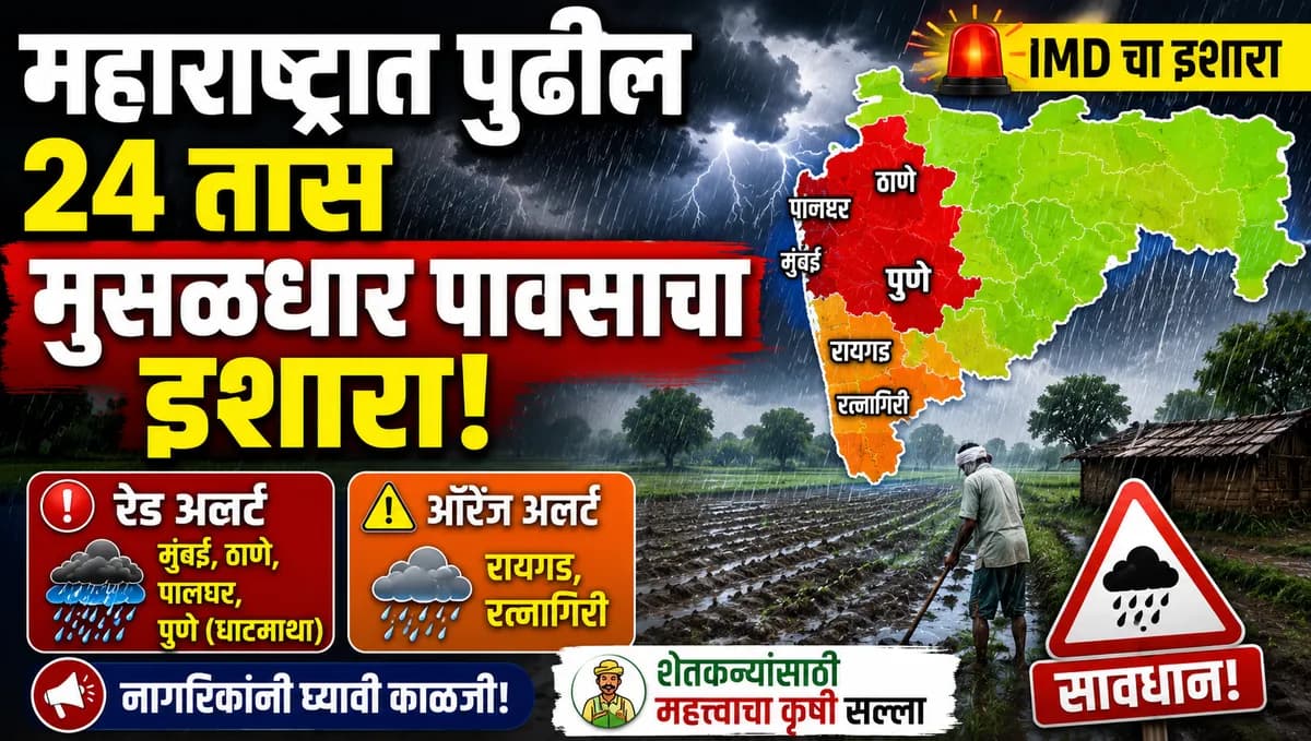 महाराष्ट्रात पुढील २४ तास अतिमुसळधार पावसाचा इशारा! 'या' जिल्ह्यांना रेड आणि ऑरेंज अलर्ट, शेतकऱ्यांनी घ्यावी विशेष काळजी