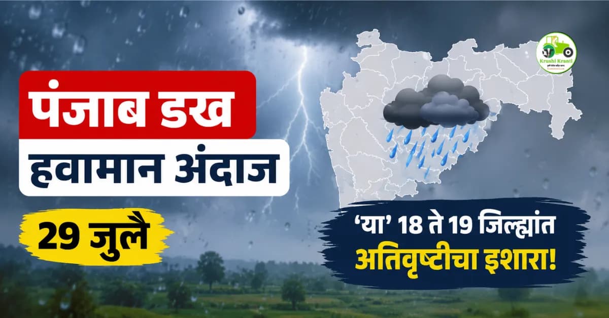 पंजाब डख हवामान अंदाज (२९ जुलै): राज्यात अचानक वातावरणात बदल! 'या' १८ ते १९ जिल्ह्यांत अतिवृष्टीचा इशारा