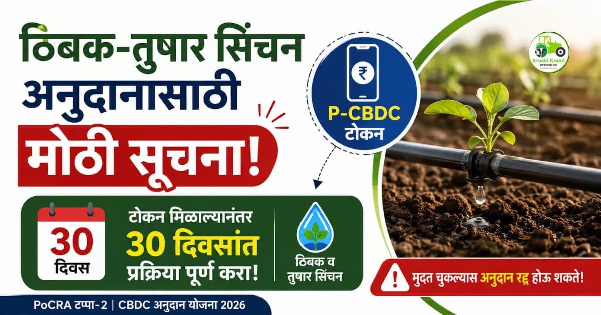 शेतकऱ्यांसाठी मोठी सूचना! ठिबक-तुषार सिंचन अनुदानासाठी P-CBDC टोकन, ३० दिवसांत खरेदी करणे बंधनकारक