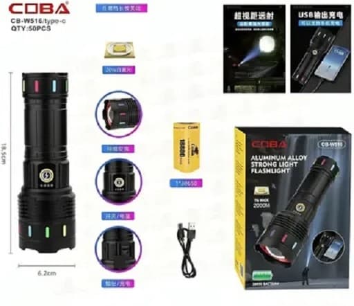 अल्युमिनियम स्ट्राँग टॉर्च – 38650 बॅटरी, TG ब्राइट लाइट, USB चार्जिंग