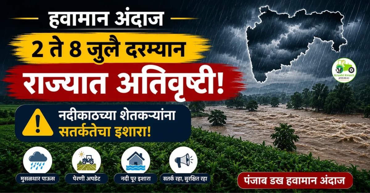 हवामान अंदाज: २ ते ८ जुलै दरम्यान राज्यात अतिवृष्टी; नदीकाठच्या शेतकऱ्यांना सतर्कतेचा इशारा!