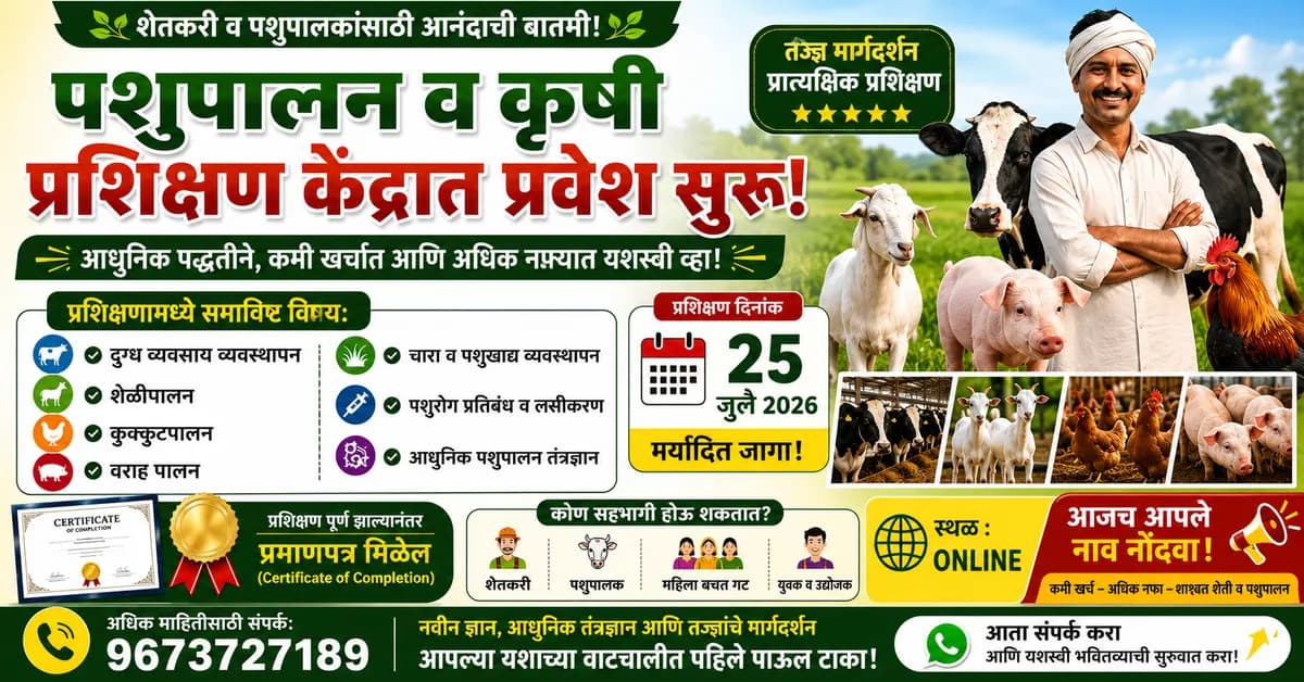 पशुपालन व कृषी प्रशिक्षण 2026 | शेळी, कुक्कुट, दुग्ध व्यवसाय प्रशिक्षण