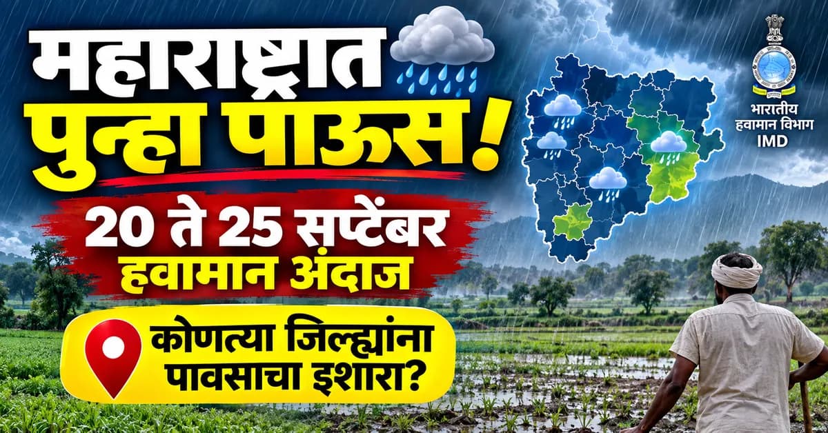 महाराष्ट्र हवामान अंदाज 20 ते 25 सप्टेंबर 2026 | जिल्हानिहाय पाऊस अपडेट