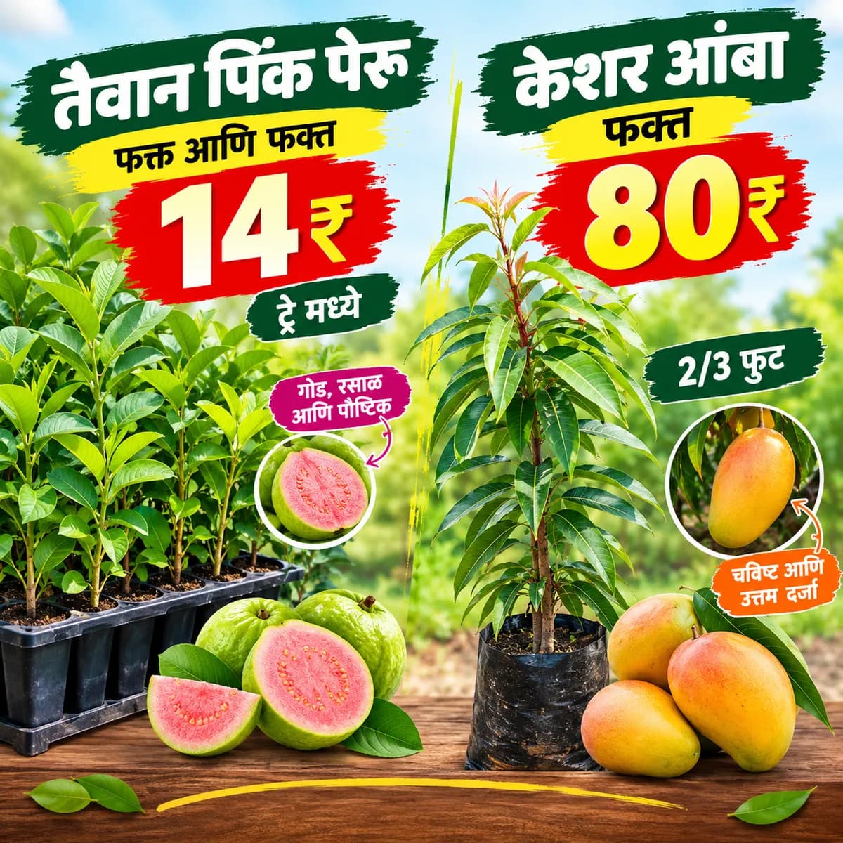 तैवान पिंक पेरू रोपे ₹14 आणि केशर आंबा रोपे ₹80 मध्ये